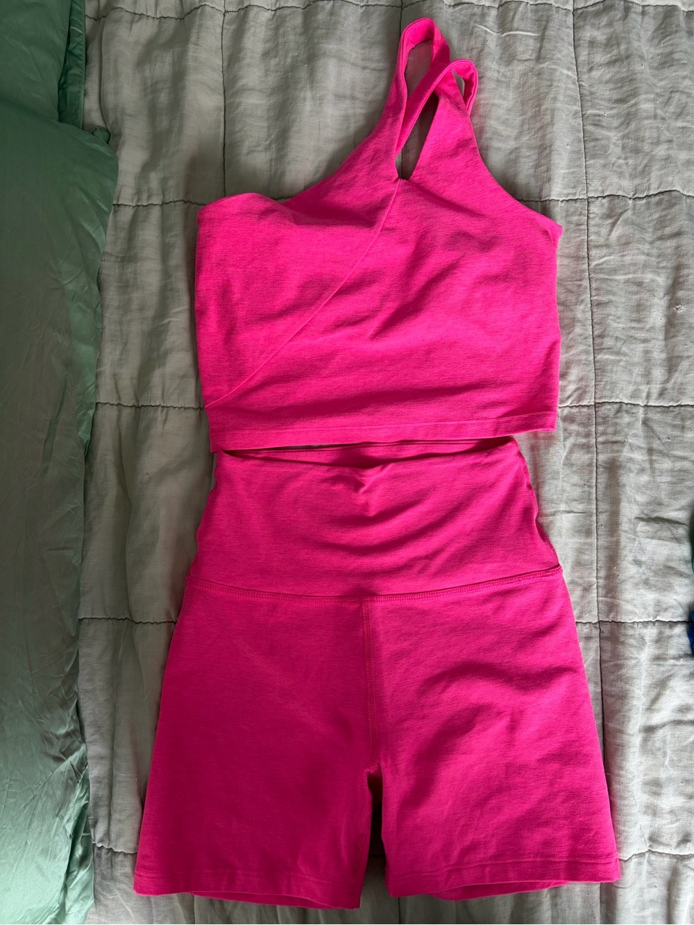 Beyond Yoga Hot Pink One-Shoulder Crop Top & High-Waist Shorts size small